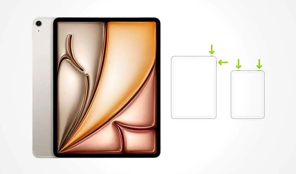 Une tablette avec grand écran coloré apparaît près de son dos, avec à droite des schémas de taille et flèches vertes indiquant les dimensions.
