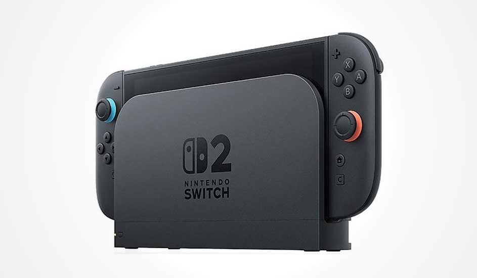 Een zwarte Nintendo Switch in zijn dock met aangepast logo "D2", compleet met Joy-Con-controllers met blauwe en oranje accenten.