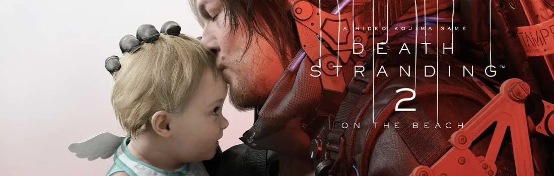 Death Stranding 2 logo met een man die een baby vasthoudt, beide personages hebben een emotionele uitdrukking in close-up. 