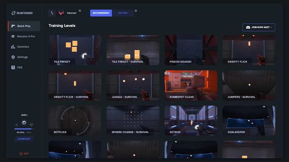 Interface d'entraînement Valorant avec niveaux : Tile Frenzy, Pigeon Squash, Gravity Flick, Bombs Spot Clear, et Botbox.