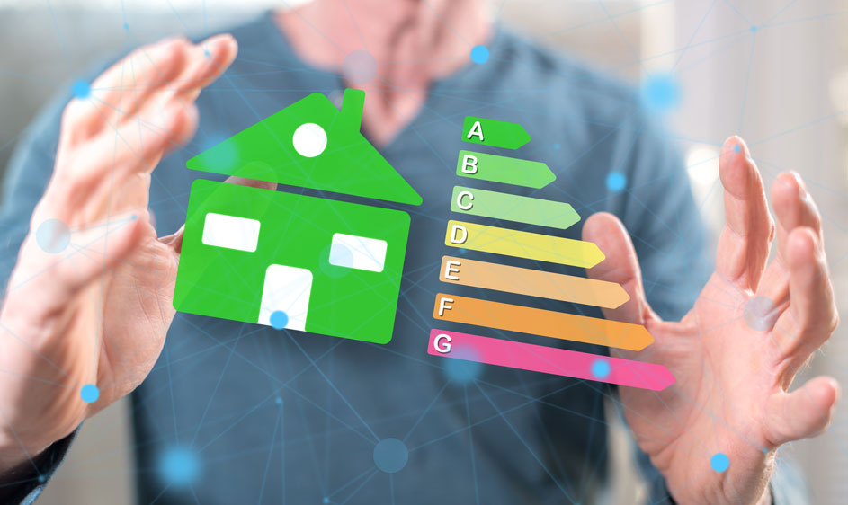 Groen huis naast energielabel A tot G, geordend van groen naar roze. Handen op de achtergrond.