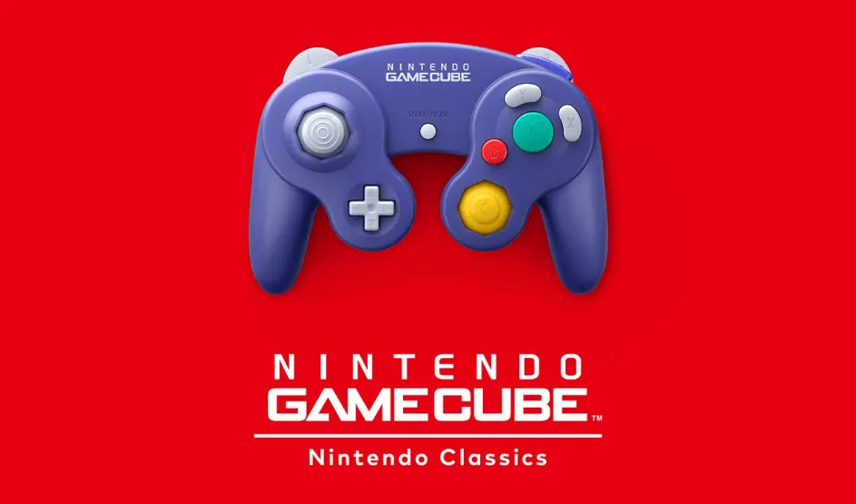 Op een rode achtergrond staat een paarse Nintendo GameCube-controller centraal, met daaronder het witte Nintendo GameCube-logo. Merk: Nintendo.