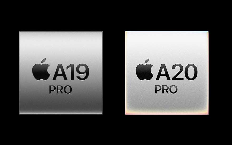 Deux carrés argentés comparent des puces Apple : « A19 PRO » à gauche et « A20 PRO » à droite sur fond noir.