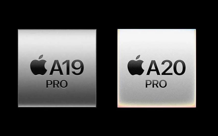 Twee zilverkleurige vierkanten vergelijken Apple-chips: links staat “A19 PRO” en rechts “A20 PRO”, beide op een zwarte achtergrond.