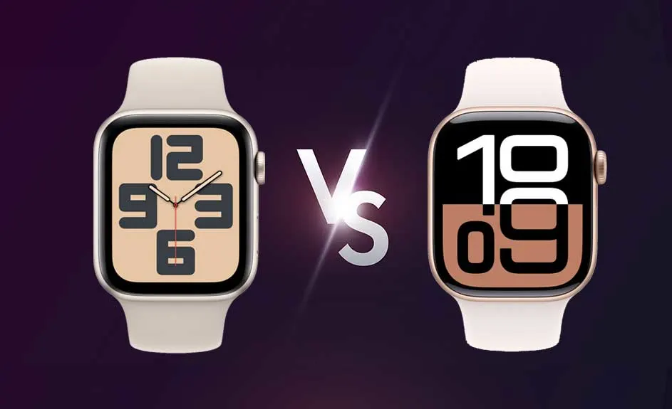 Deux montres intelligentes avec des cadrans affichant l'heure, séparées par un symbole "Vs" sur un fond violet dégradé.