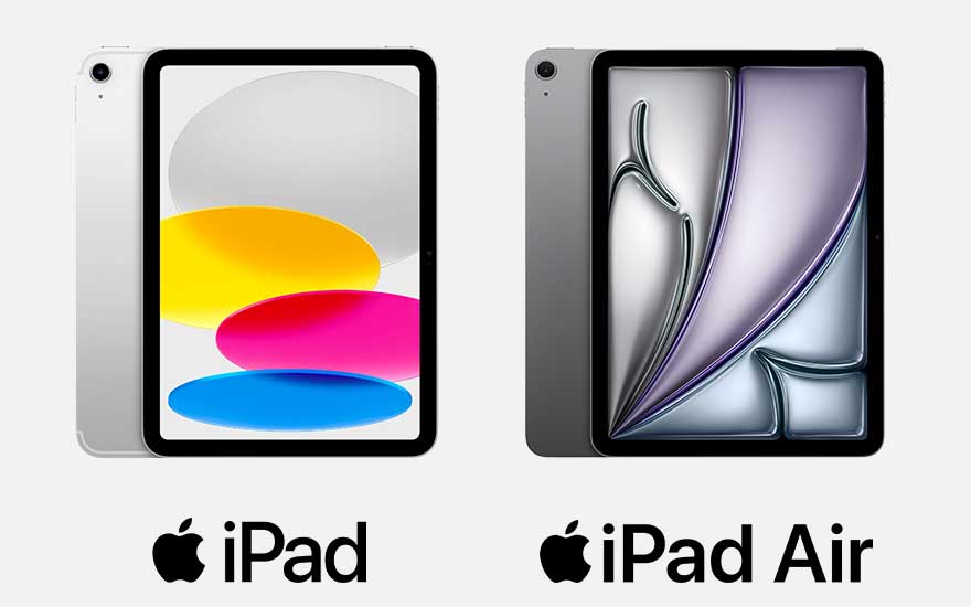Un iPad blanc et un iPad Air gris foncé sont présentés côte à côte sur fond blanc, avec leurs noms et logos Apple en dessous.