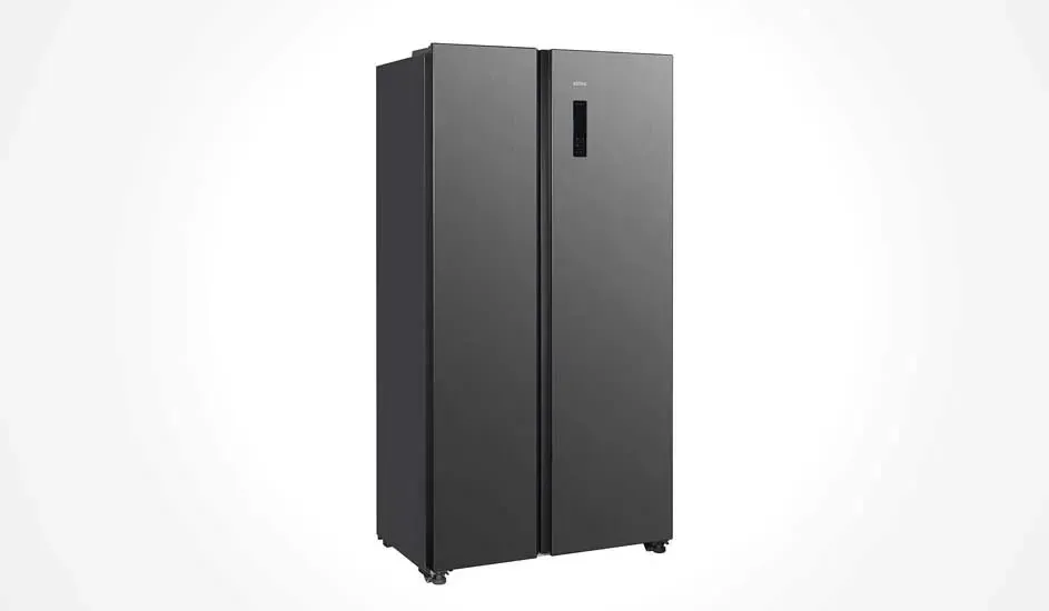Large black refrigerator with double doors and built-in digital screen. Minimalist design, ideal for modern kitchens.