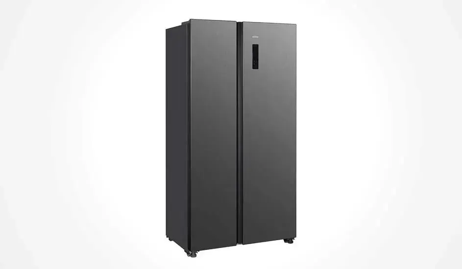 Large black refrigerator with double doors and built-in digital screen. Minimalist design, ideal for modern kitchens.