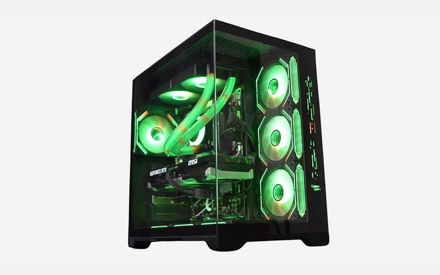 Un PC gaming noir avec panneau latéral en verre révèle un éclairage RGB vert, une carte graphique MSI GeForce RTX et six ventilateurs lumineux.