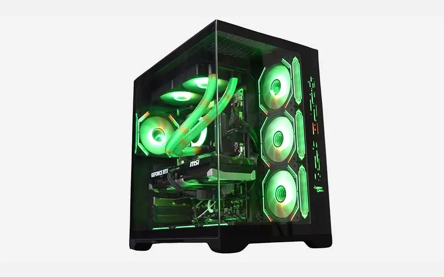 Un PC gaming noir avec panneau latéral en verre révèle un éclairage RGB vert, une carte graphique MSI GeForce RTX et six ventilateurs lumineux.