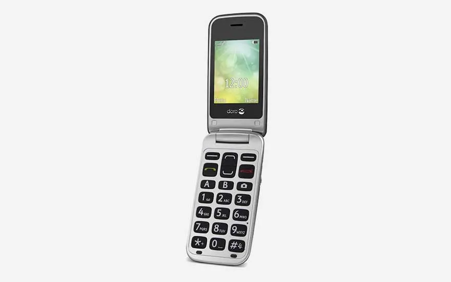 Téléphone à clapet Doro 2424 avec touches physiques, écran vert et design flip classique