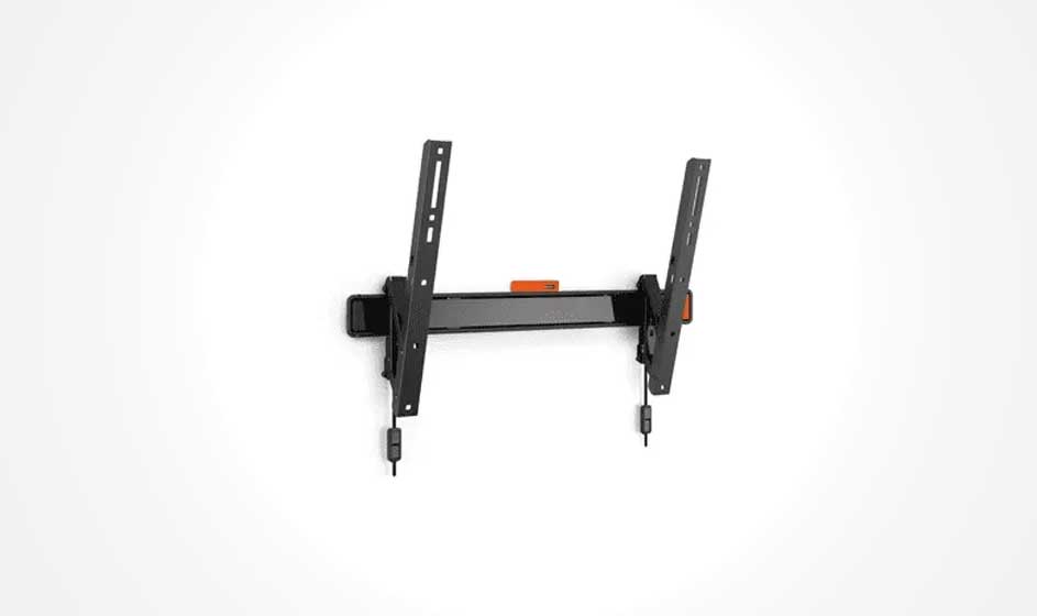 A black metal TV wall mount is shown against a white background. It has vertical rails, a horizontal support and several mounting points.