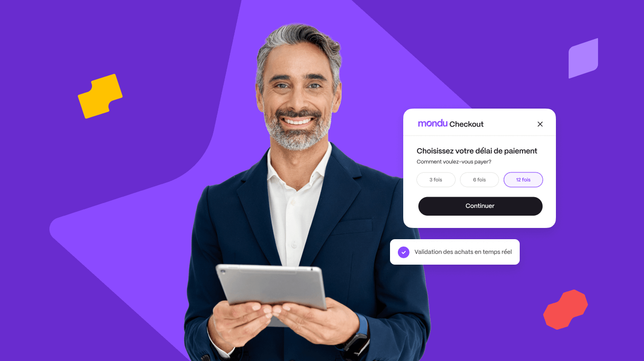Interface de paiement sur tablette, fond violet avec formes géométriques jaunes et rouges.