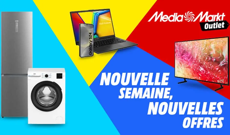 Un réfrigérateur, une machine à laver, un ordinateur portable, un smartphone et une TV sur des fonds colorés. Logo MediaMarkt en haut à droite. Marque : MediaMarkt Outlet