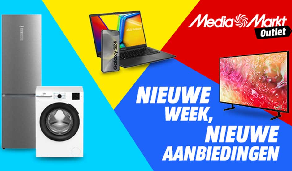 Een koelkast, wasmachine, laptop, smartphone en tv staan op gekleurde vlakken. Rechtsboven het logo van MediaMarkt. Merk: MediaMarkt Outlet