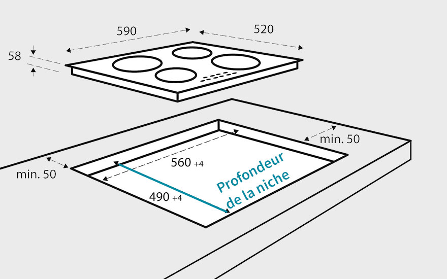 Schéma technique d'une plaque de cuisson avec quatre brûleurs, montrant les dimensions d'installation dans un plan de travail.