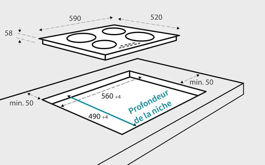 Schéma technique d'une plaque de cuisson avec quatre brûleurs, montrant les dimensions d'installation dans un plan de travail.