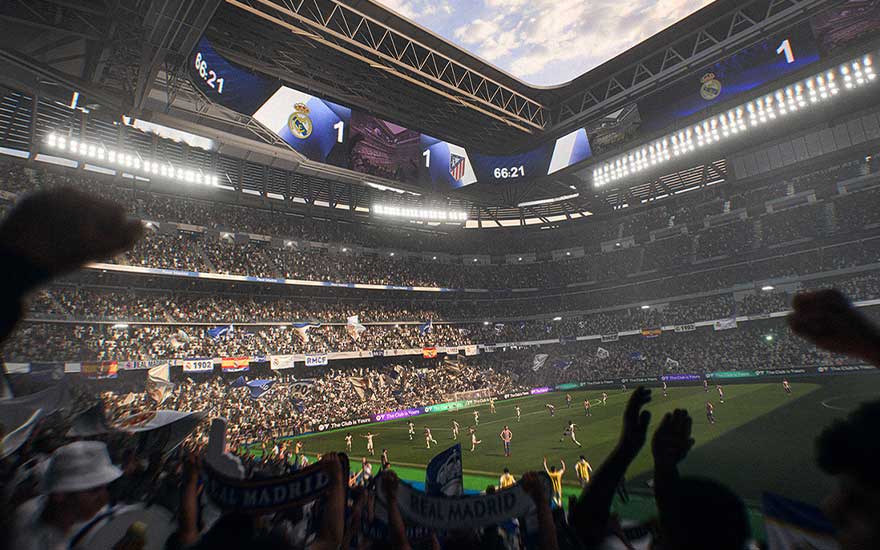 Een vol stadion juicht onder felle lichten terwijl Real Madrid en Atlético gelijkstaan, zichtbaar op het grote scorebord.