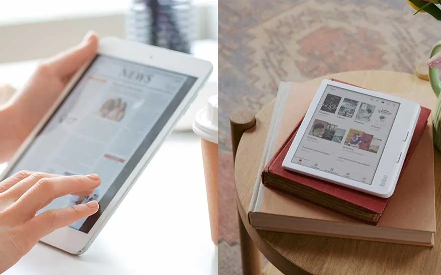 Een gesplitste afbeelding toont een hand die een tablet gebruikt en een e-reader op boeken op een houten tafel.