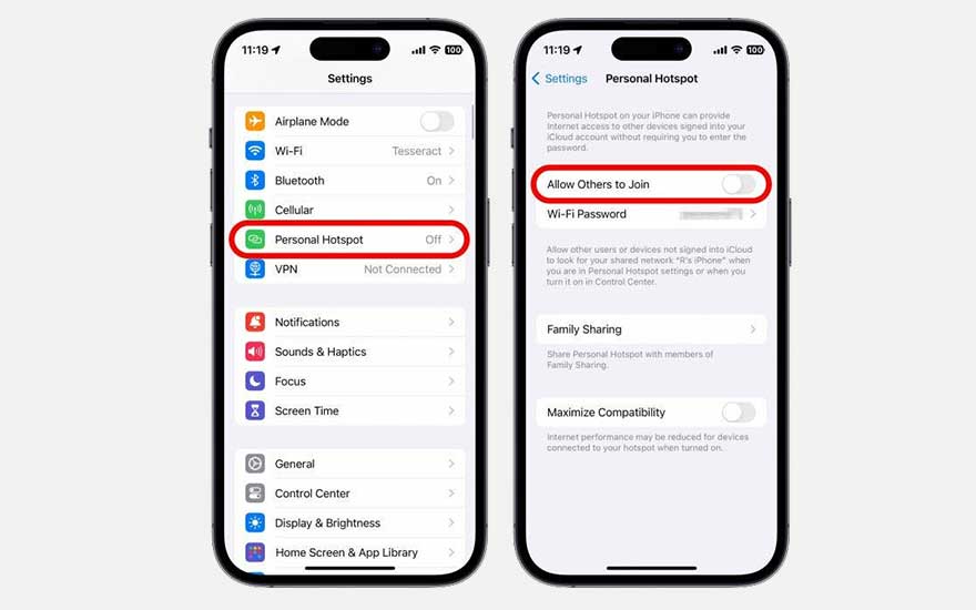 Twee telefoonschermen tonen instellingen: 'Persoonlijke hotspot' is uitgeschakeld, 'Anderen toestaan' is uitgeschakeld.