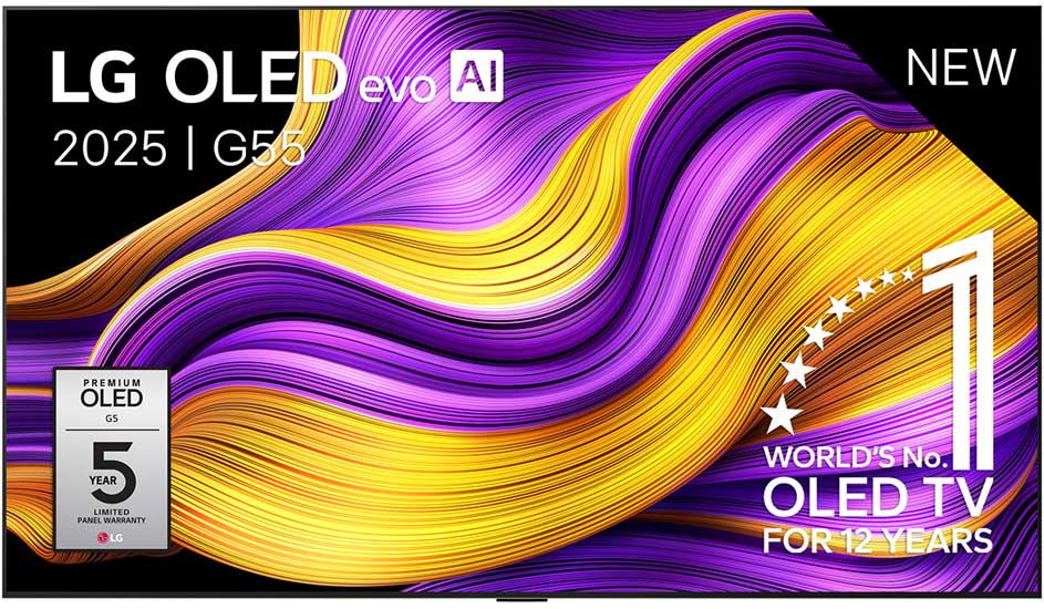 Téléviseur LG OLED avec écran aux rayures violettes et jaunes. Annonce "Nouveau" et "N°1 mondial OLED TV".