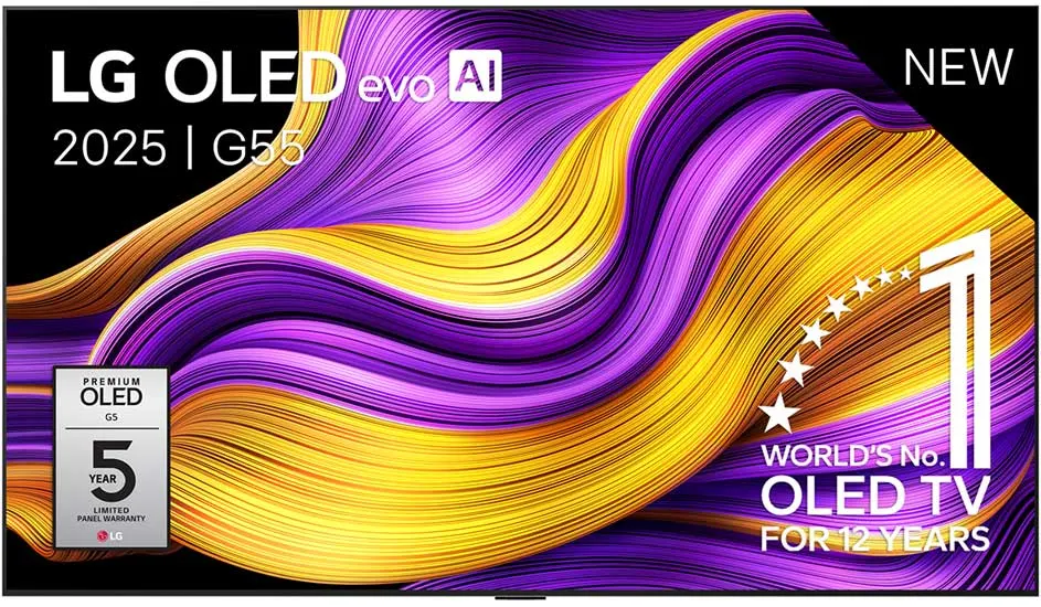 Téléviseur LG OLED avec écran aux rayures violettes et jaunes. Annonce "Nouveau" et "N°1 mondial OLED TV".