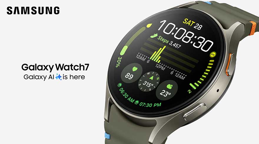 Montre Samsung Galaxy Watch 7 avec bracelet vert olive et écran affichant l’heure, la date et les données de santé.