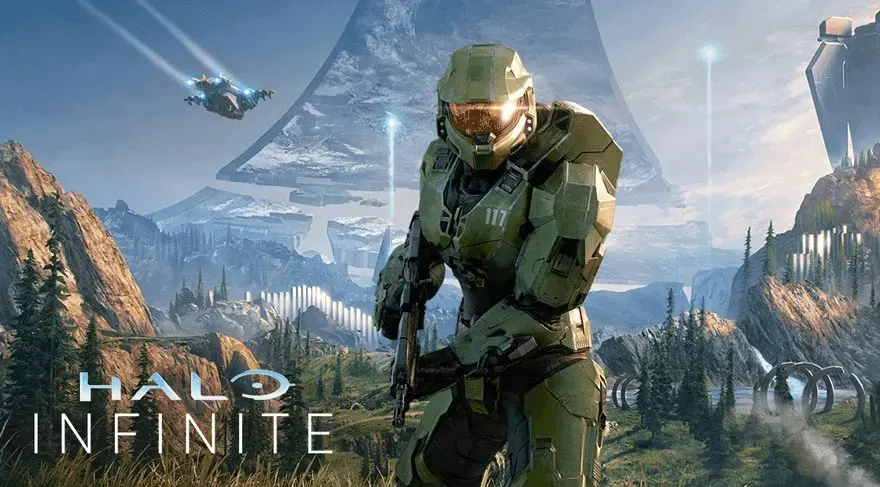 Un paysage de montagne avec un guerrier vert en armure et un vaisseau spatial dans le ciel.