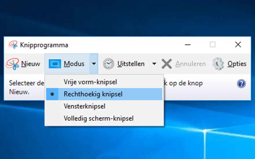 Een venster van het Knipprogramma toont de opties "Nieuw", "Modus", "Uitstellen", "Annuleren" en "Opties" op een blauwe achtergrond.