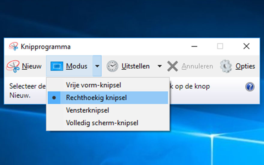 Een venster van het Knipprogramma toont de opties "Nieuw", "Modus", "Uitstellen", "Annuleren" en "Opties" op een blauwe achtergrond.