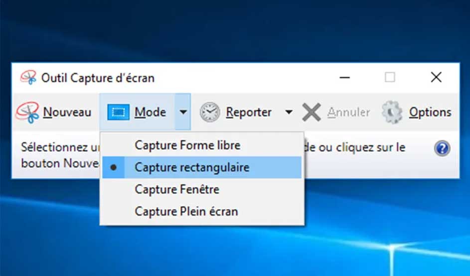 Fenêtre de l'outil Capture d'écran affichant un menu déroulant "Mode" avec "Capture rectangulaire" sélectionnée sur fond bleu.