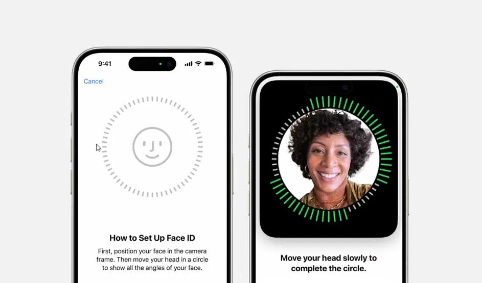 Twee Apple iPhones tonen het instellen van Face ID; links instructies, rechts scanproces, merk Apple goed zichtbaar.