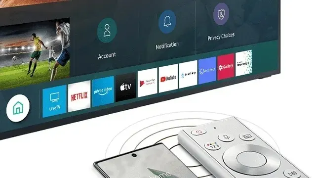 A TV displays app icons like Netflix. A phone and remote sit in front of the TV on a white surface.