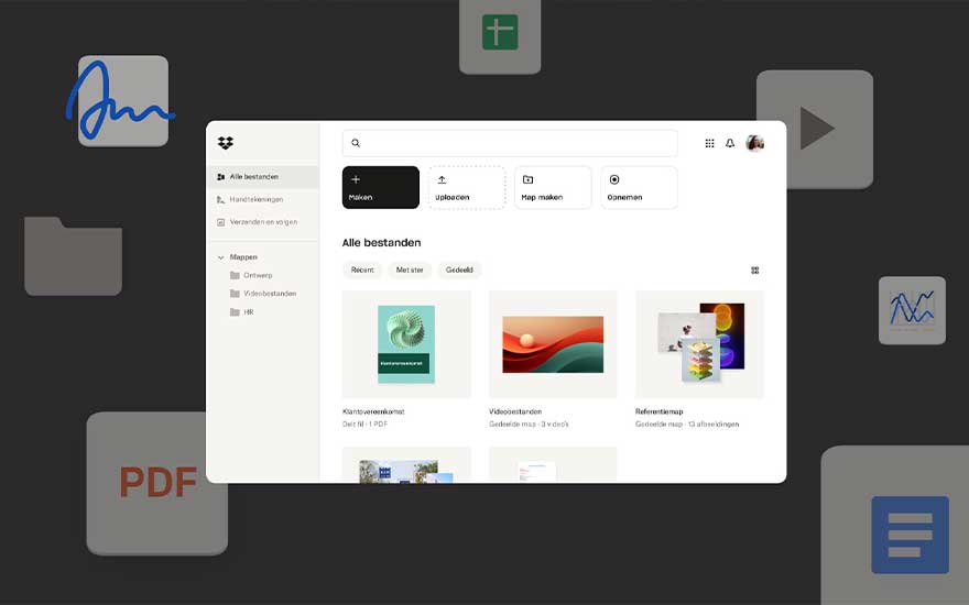 Interface Dropbox sur fond gris avec icônes. Fenêtre blanche centrale affichant des options de fichiers et dossiers. PDF, vidéo, images présents.