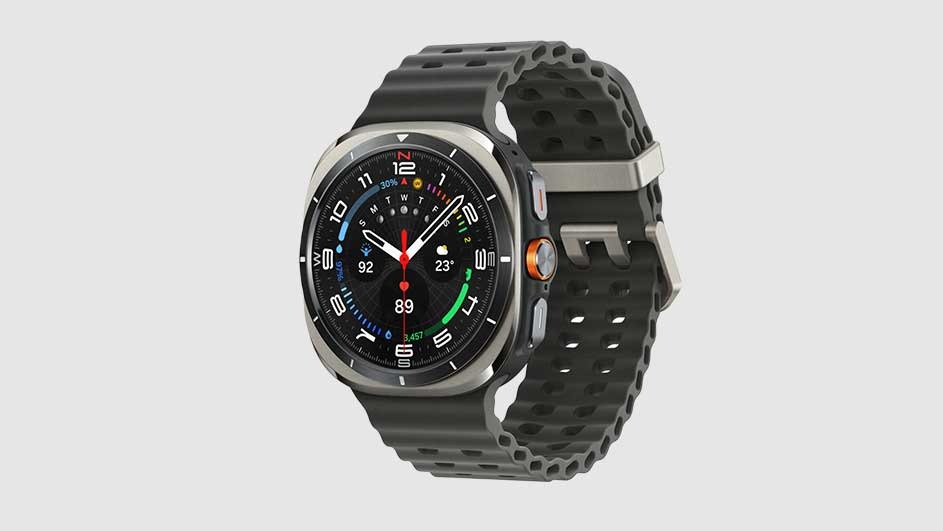 A smartwatch with a dark perforated strap and a round face displays time, date, and health metrics against a plain background.
