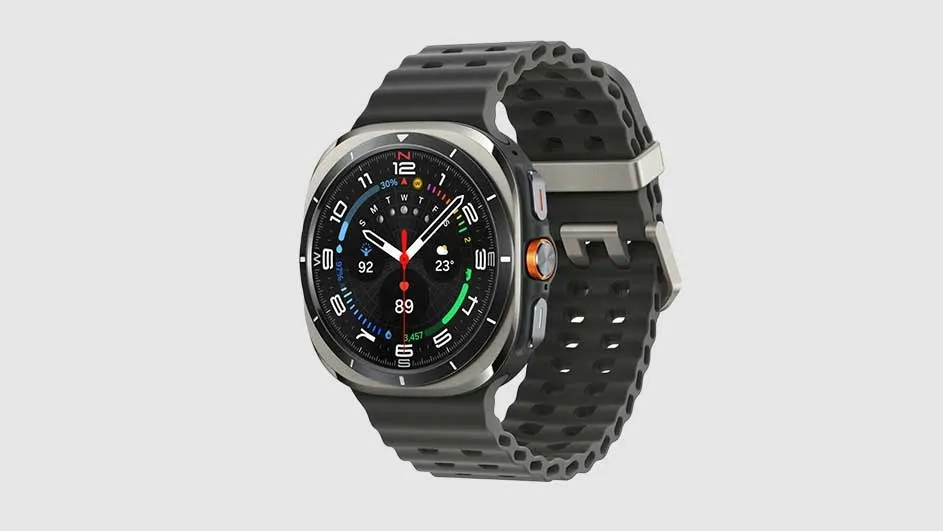 A smartwatch with a dark perforated strap and a round face displays time, date, and health metrics against a plain background.