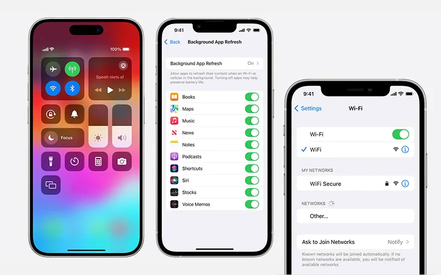 Trois écrans d'iPhone affichent les paramètres de contrôle, l'actualisation des applications en arrière-plan et les options Wi-Fi.