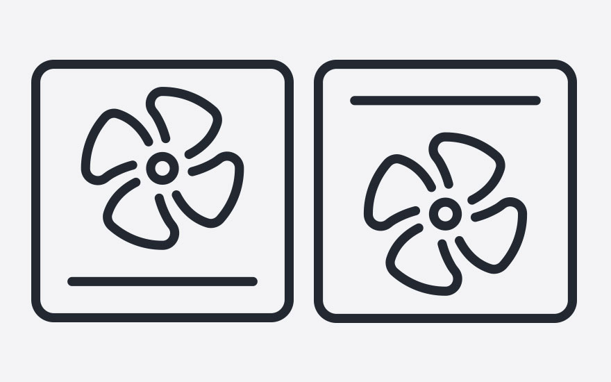 Deux icônes noires dans des carrés blancs montrent un ventilateur à quatre pales. L'une a une ligne en bas, l'autre en haut.