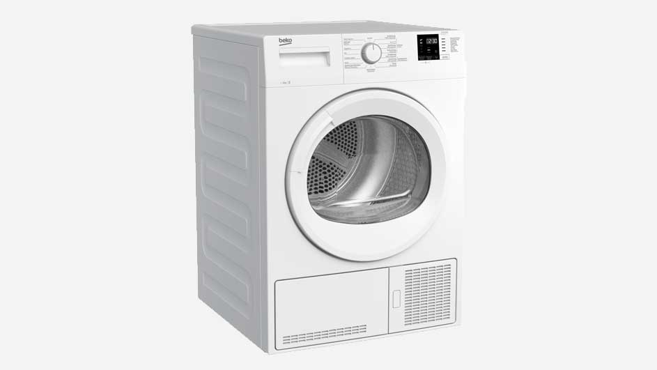 Een witte Beko condensatiedroger staat op een witte achtergrond, met een ronde deur en een digitaal display.