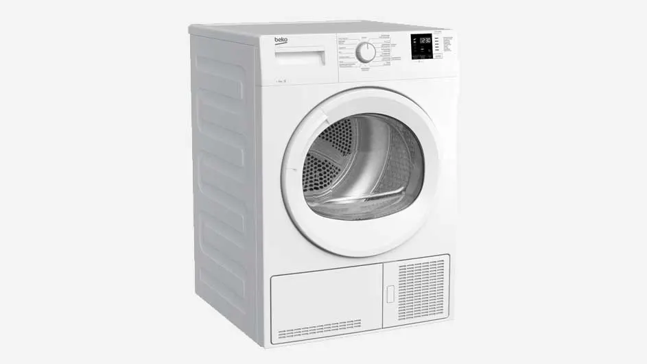 Séchoir blanc avec porte ronde, panneau de commande en haut à droite et bac de récupération en bas. Fond blanc uni.