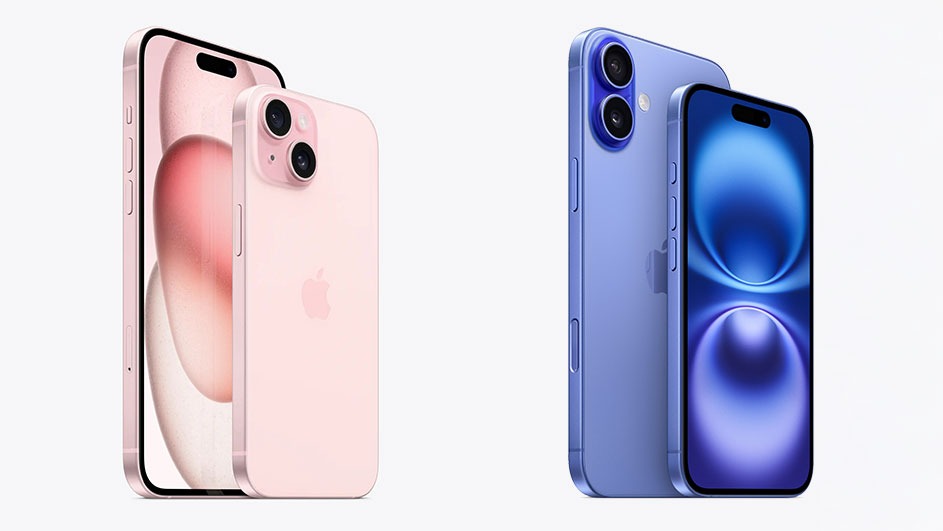 Twee iPhones: een roze met twee camera's en een blauwe met twee camera's op een witte achtergrond.