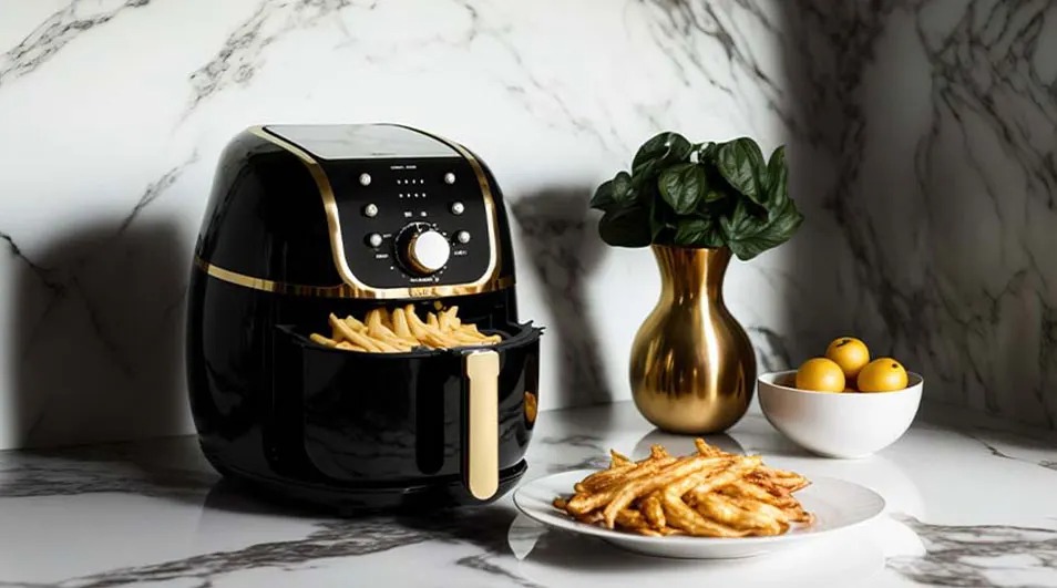 Een zwarte airfryer met goudkleurige accenten naast een gouden vaas en een kom met fruit op een marmeren aanrecht.