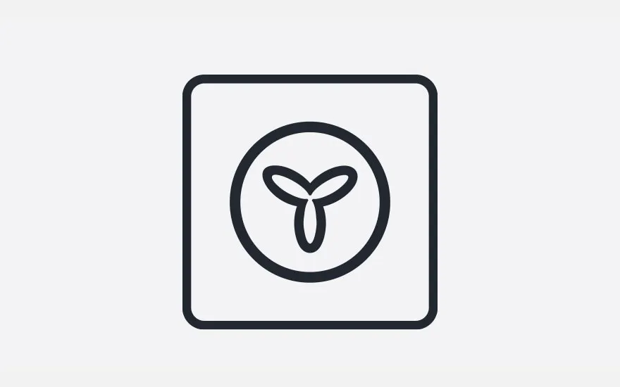 Black icon on white shows rounded square with rounded-edge triangle shape inside a circle.