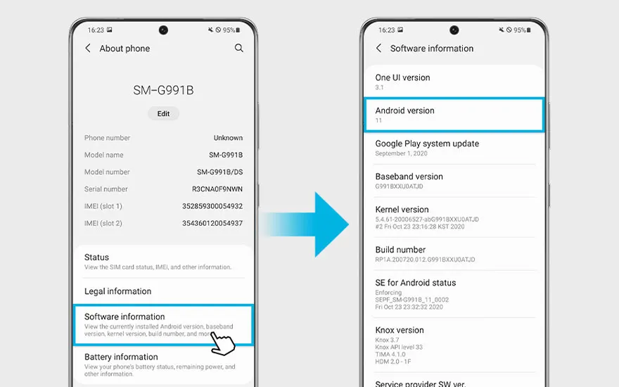 Deux écrans de smartphone affichent les informations du logiciel, avec une flèche bleue qui indique la progression.