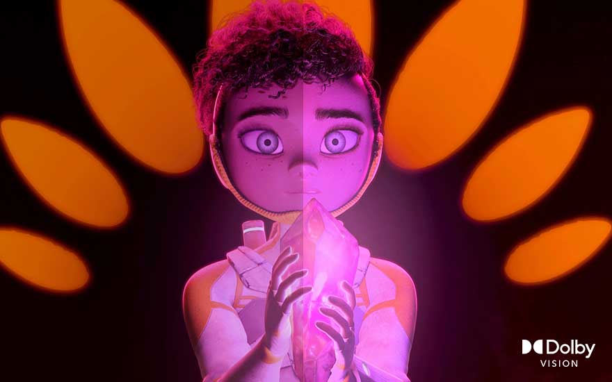 Een animatiefiguur houdt een roze kristal vast, met oranje lichtpunten op een zwarte achtergrond en het Dolby Vision-logo.