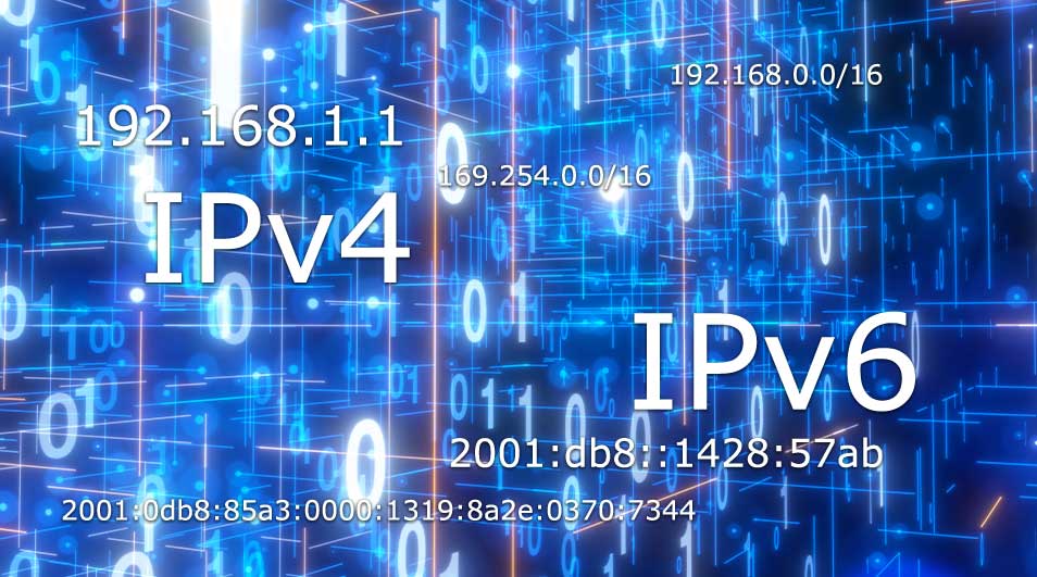 Adresse IP. Sur fond bleu, des chiffres binaires et des lignes montrent les adresses IPv4 et IPv6.