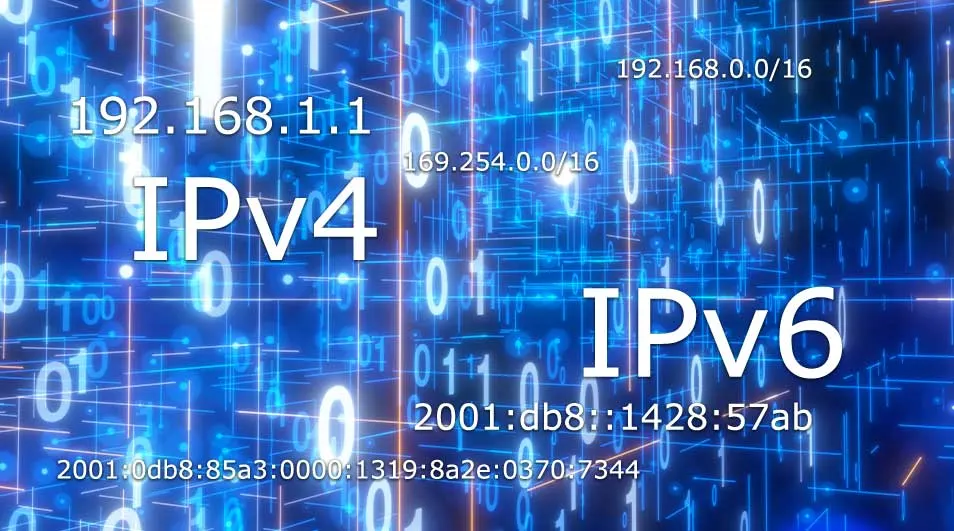 Adresse IP. Sur fond bleu, des chiffres binaires et des lignes montrent les adresses IPv4 et IPv6.