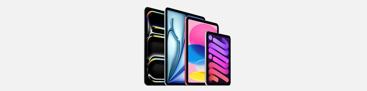 Four iPad models in different sizes lined up from largest to smallest, each showing colorful abstract wallpapers on their displays.