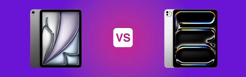 Deux iPad sont comparés côte à côte sur un fond violet et rose, avec un symbole « VS » bien visible entre les modèles.