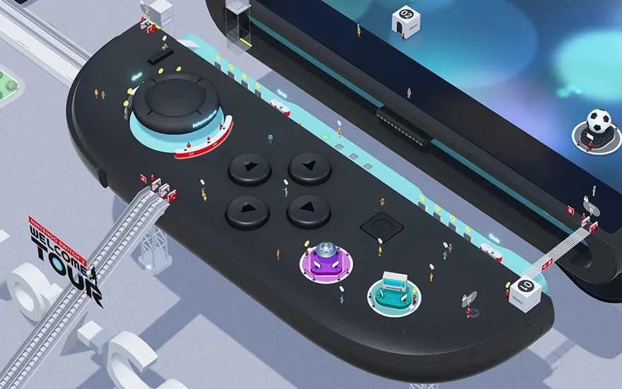 Une illustration 3D créative d'une manette de jeu transformée en parc d'attractions ou centre commercial interactif. De petits personnages se promènent sur la surface avec des points d'information et une attraction de football.